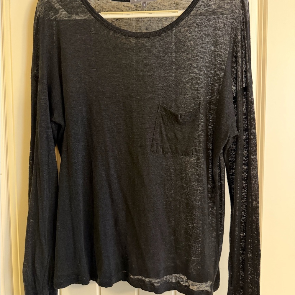 Vince Black Sheer Long Sleeve Linen Tee